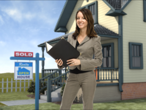 female real estate agent standing in front of a house